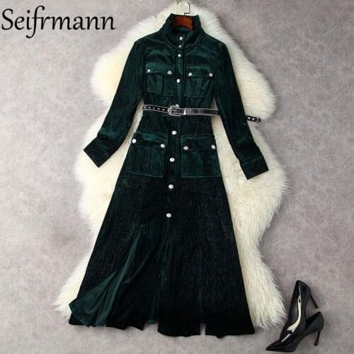 Seifrmann New 2021 Autumn Women Fashion Runway Long Dress Lantern Sleeve Sashes Pockets Solid Print Split Velvet Dress Vestidos