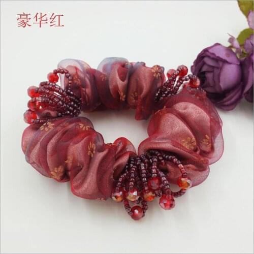 1Piece Hair Accessories for girl & women Elastic Headbands with Organza fabric and crystal beads 11 colors Ponytail Scrunchie