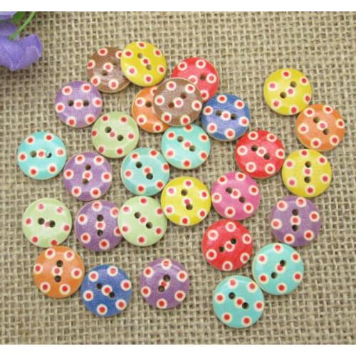 100pcs Fashion 15mm Mixed Natural Round Dot Pattern Wooden Buttons For Clothes Crafts Sewing Scrapbooking DIY Accessories