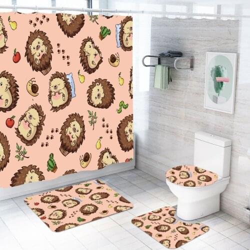 3/4 Pieces Hedgehog/Snails/Fruits Shower Curtains Sets Cartoon Animal Carpet Toilet Lid And Bath Mat 3D Print Bathroom Mat Sets