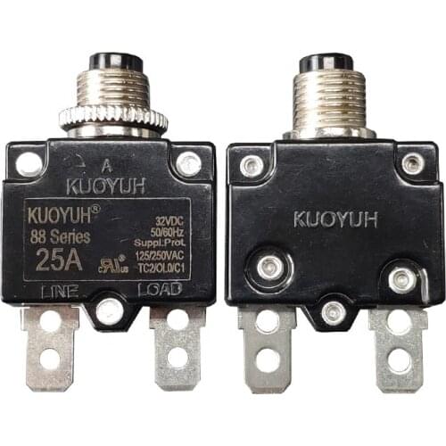 2 pcs KUOYUH 88 series 25A straight PIN Metal Nut Mini Circuit Breaker Manual Reset Thermal Overload protector switch