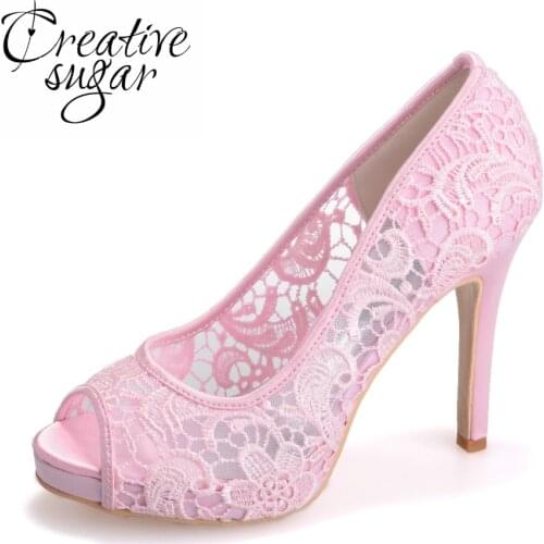 Creativesugar see through mesh lace bridal wedding party prom cocktail evening dress shoes black pink white ivory open peep toe