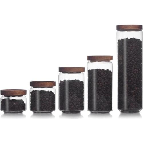 Wood Lid Glass Airtight Canister Kitchen Storage Transparent Bottles Tea Caddy Grain and Dried Fruit Household Candy Jar LBS