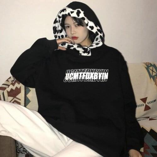 HOUZHOU Black Gothic Cow Hoodies Women Harajuku Autumn Winter Warm Oversized Black Casual Thick White Pullover Streetwear Korean