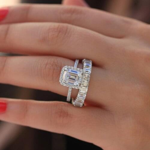 Solid 14K White Gold Emerald DF Brilliant 8.5ctw Moissanite Halo Engagement Ring Lab Diamond Band For Women Fine Jewelry 2pcs