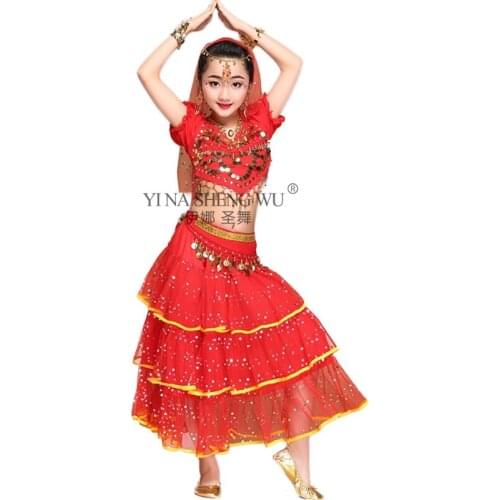 Belly Dance Costumes Stage Performance Dance Clothing Bollywood Dance Children 2/3/5pcs Set Girls Indian Red Rose Yellow Colors