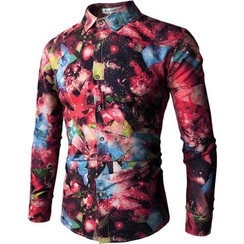 Mens Shirt Long Sleeve Turn Down Collar Cardigan Shirt with Color Starry Sky 3D Digital Printing Casual Single-Breasted Tops