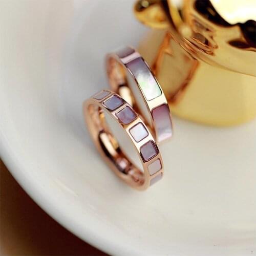 YUN RUO Rose Gold Color Lovely Natural Pink Shell Rings Set for Woman Girl Gift Wedding Jewelry 316 L Stainless Steel Never Fade
