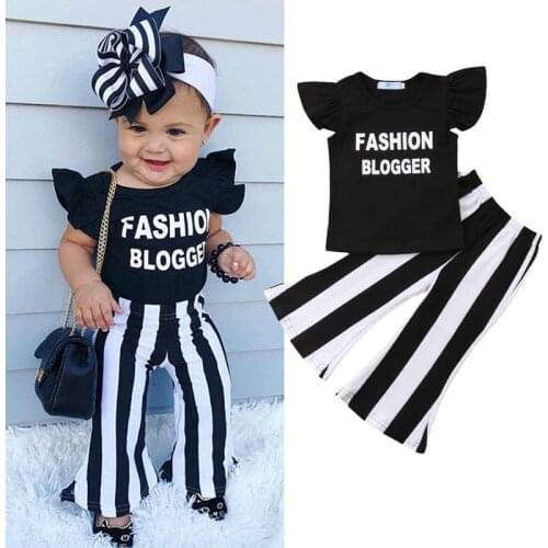 Toddler Kids Girls Clothes Sleeveless Ruffle Letter Print Pullover T-Shirts Striped Trousers Blogger Top+Flare Pants 2pc Outfits