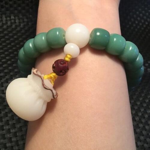 Wholesale Weathering Green Natural Bodhi Bracelets Barrel Beads With Money Bag Bracelets For Men Women Hand String Mala Jewelry