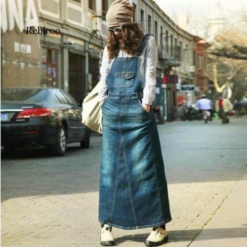 New Womens casual Bohemian loose denim blue overalls Harness dresses Female plus size Vintage A line long slit cowboy dress