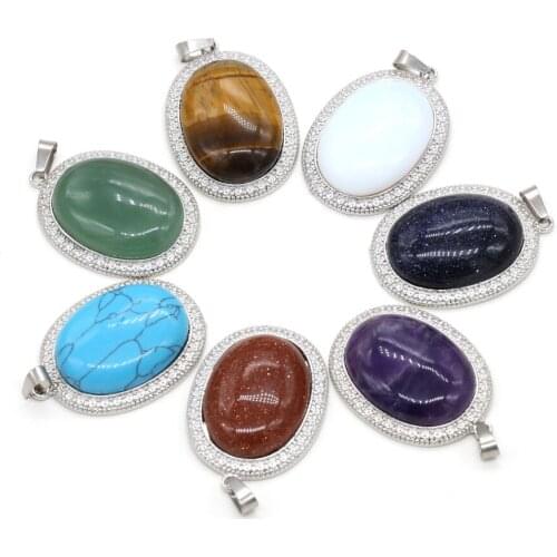 Natural Stone Pendants Retro Oval Crystal Agates Amethysts Turquoises Opal Stone Charms for Jewelry Making Necklace Bracelet DIY