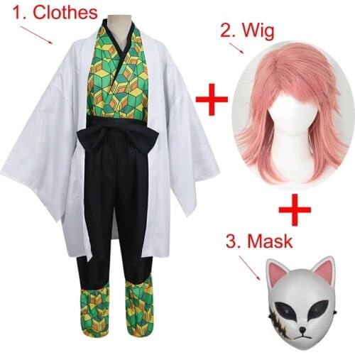 Demon Slayer Kimetsu no Yaiba Kamado Tanjirou Sabito Full Set Cosplay Costume Mask Wig Halloween Funny Costume