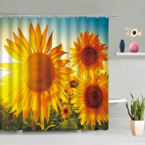 Sunflower Flowers Shower Curtain Green Leaves Tree Plants Natural Scenery Bathroom Decoration Curtains Washable With Hook Set