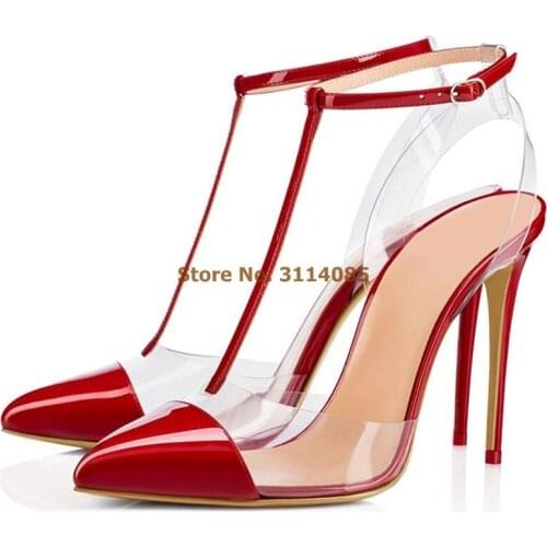Women New Year Spring Stiletto Heels PVC T-strap Dress Pumps Pointed Toe Slingback Patent Leather Patchwork T-bar Rivet Shoes