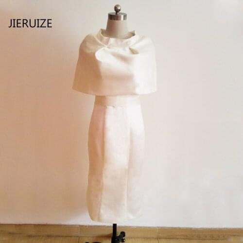 JIERUIZE White Tea Length Evening Dresses With Cape Back Slit Mother of the Bride Dresses Buttons Formal Dresses abendkleider