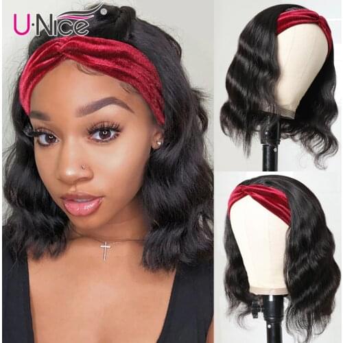UNice Hair Short Headband Wig Human Hair Body Wave Bob Wig Glueless Wavy Headwrap Wig Natural Color 10-14inch