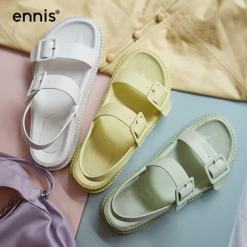 ENNIS Brand Genuine Leather Sandals Women Summer Shoes 2021 Ladies Sandals Flat Platform Casual Buckle Shoes Yellow White S114
