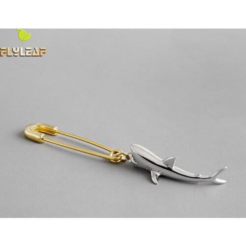 Flyleaf Fancy Shark Pin Gold Drop Earrings For Women Real 925 Sterling Silver Fine Jewelry Statement Earings Fashion Jewelry