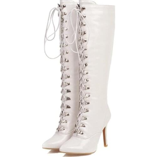Lace Up Boots Women Winter 2020 Thin High Heels Knee High Boot Pointed Soft Leather Long Fetish Red White Shoe Lady Large Size