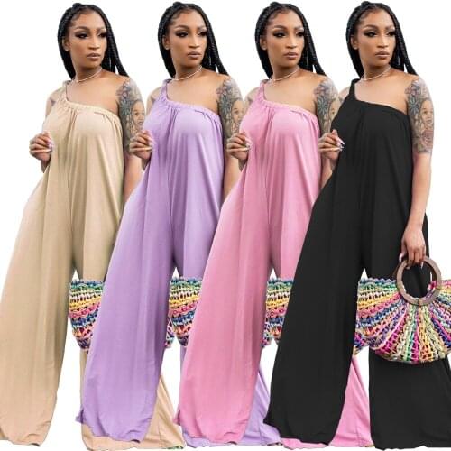 Womens Casual One Shoulder Solid Loose Jumpsuit Women Sexy Streetwear Skew Neck Wide Leg Pants Overalls for Women Romper