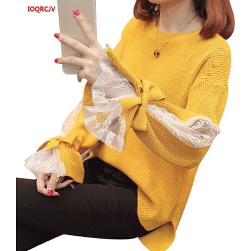 Womens pullover Sweaters 2020 Spring Autumn Flare sleeves Sexy Lace Knit sweater ladies Long Sleeve Jumper Tops Full Femme W390