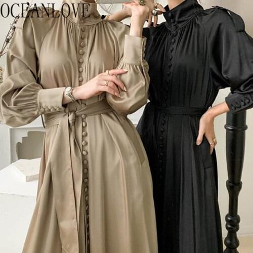 OCEANLOVE Korean Chic Vintage Elegant Dress Autumn Turtleneck Single Breasted Drawstring Lantern Sleeve Vestido Long Robe Femme