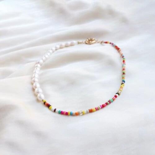 Bohemian vintage fashion jewelry womens choker accessories colorful beaded natural pearl stainless steel buckle necklace trend