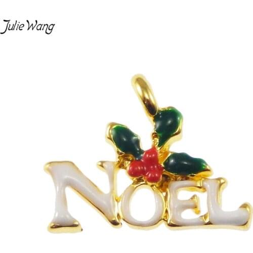 Julie Wang 10PCS Gold Alloy Enamel Christmas "NOEL" Charms Pendant Earrings Decoration Findings DIY Jewelry Making Accessory