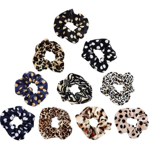 10pcs/Lot WomenS Velvet Satin Chiffon Hair Scrunchies Tie Hair Accessories Ponytail Holder Vintage Leopard Pattern