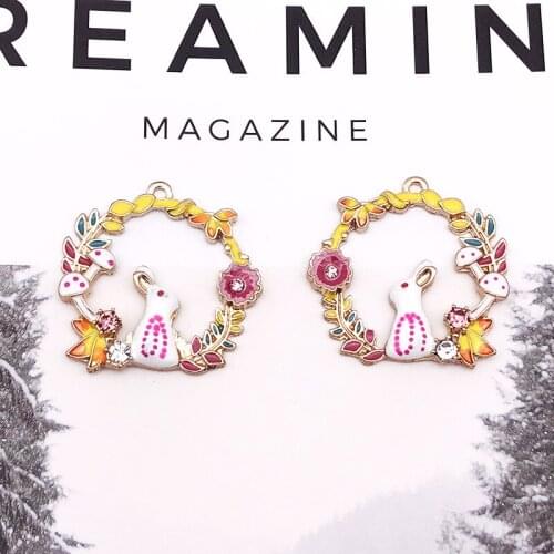 6 pcs Alice Rabbit Wreath Enamel Charms Earring Decoration Flower Alloy Pendant Floating For DIY Jewelry Accessories YZ272