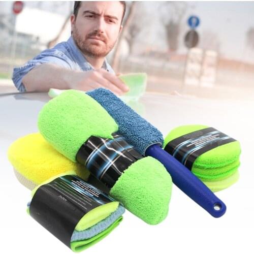 9Pcs Car Cleaning Kit Microfiber Car Wash Towel Super Absorbent Detailing Waxing Pads Tire Brush Cleaning Sponge Car Accessories