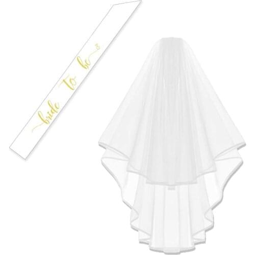 Bachelorette White Double Ribbon Edge Center Cascade Bridal Wedding Veil with Comb& Bride to Be Satin Sash