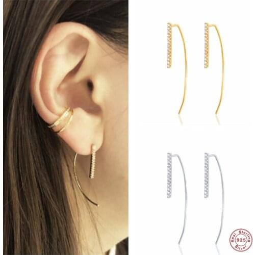BOAKO 925 Sterling Silver Gold Korean Fashion Long Arc Line Stud Earrings With Shiny Zircon Bar Ear Stud For Women Girls Jewelry