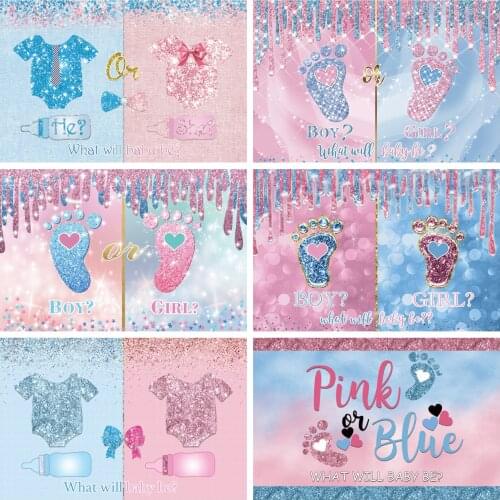 Laeacco Gender Reveal Photography Backdrops Pink Blue Glitters Clothes Milk Bottle Bow-knot Photo Backgrounds Newborn Photozone