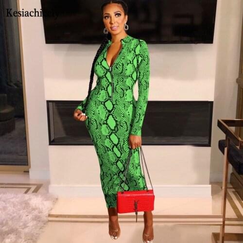 Kesiachiccly Snake Print Backless 2021 Women Party Dresses Long Sleeve Fashion Skinny Bodycon Clubwear Sexy Hot Midi Dress Slim