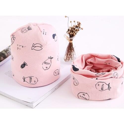 Hat Scarf Set Baby Hat Cotton Scarf Spring Infant Caps Beanies Cartoon Fish Print Autumn Winter Children Kids Boys Girls Hats