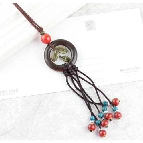 12 Pieces/Lot Leather Necklace Vintage Leaf Elk Pendant Necklaces Bohemian Ceramic Beads Long Tassel Pendants Charm Choker