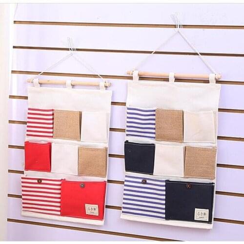 Creative Home Fabric Storage Bag Cotton and Linen Waterproof Hanging Bag + Wooden Stick + Cotton and Linen Rope