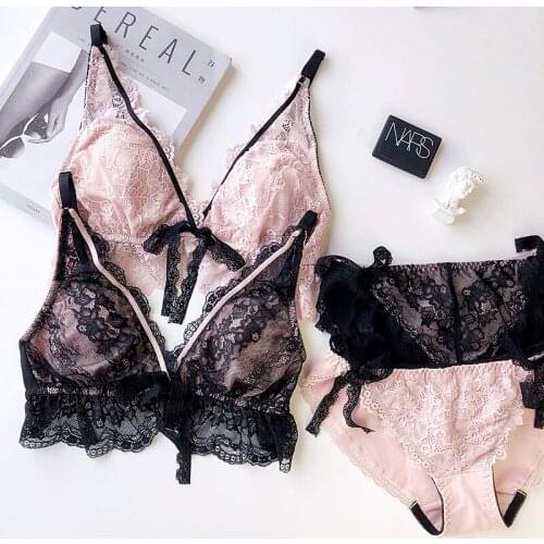 Wriufred Lace Sexy Triangle Cup Lingerie Sets Plus Size Wire Free Ultrathin Bow Women Underwear Deep V Push Up Bra Set