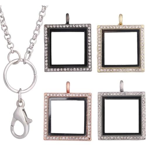 Rhinstone Square Memory Glass Floating Locket Pendant Necklaces Finding Essential Oil Women Living Gift Jewelry
