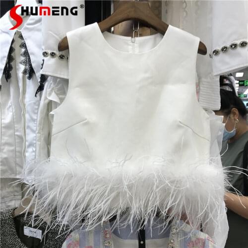 Fall 2021 New Ostrich Feather Sleeveless Womens High Waist Slimming Round Neck Short Feather Small Tank Top