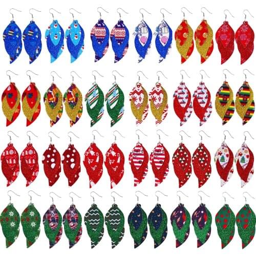 Potosala New Christmas S shaped Leather Earrings Double Layer Women Print Teardrop Leaf Accessories Fashion Jewelry Girl Gifts