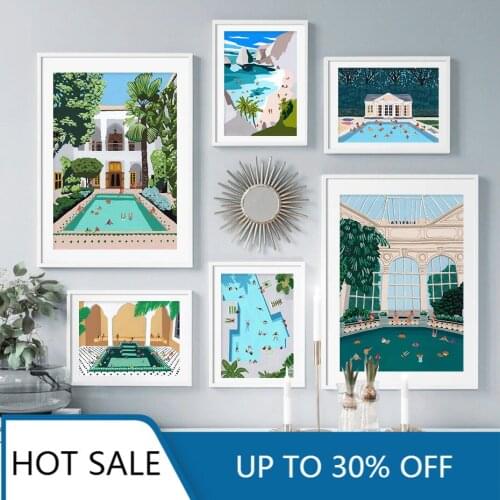 Modern Swimming Pool Summer Seaside Vacation Illustration Wall Art Canvas Painting Poster Prints Picture Home Living Room Decor