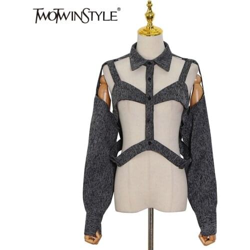 TWOTWINSTYLE Sexy Solid Womens Shirt Lapel Long Sleeve Cut Out Open Back Irregular Loose Fashion Woman Blouses 2021 Spring New