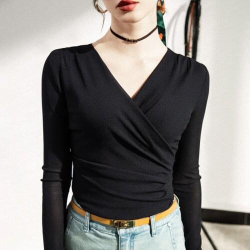 2021 Spring New Cross V-neck Long Sleeve Top Inner Bottoming Shirt Mesh Shirt Trendy European