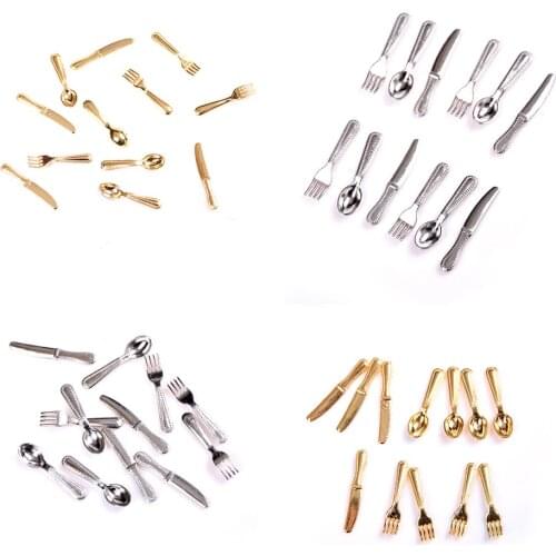 New 12Pcs Vintage Mini Dollhouse Miniatures Tableware Cutlery Knife Fork Spoon Childrens Toy Doll House Gold Silver