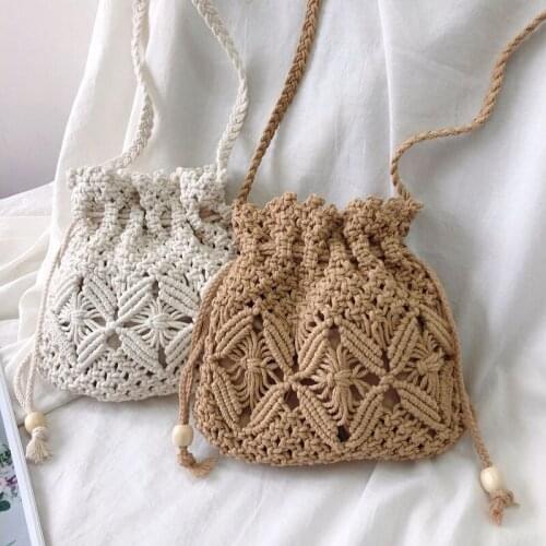 Knitted Drawstring Shoulder Bag for Women Woven Crossbody Bag Linen Hollow Bucket Bag Ladies Vacation Beach Bags