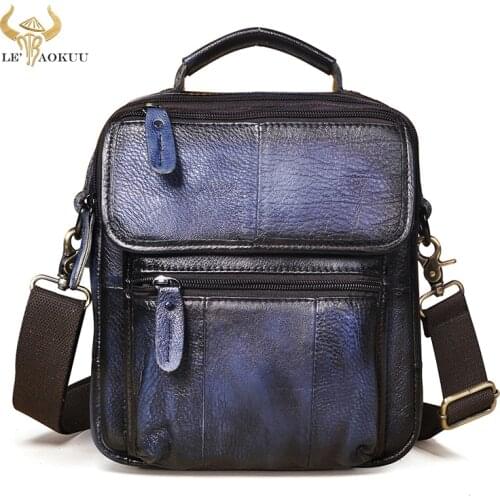 Top Quality Leather Male Travel Shoulder Messenger bag Fashion Blue College Cross-body Bag 9" Tote Mochila Satchel bag 038