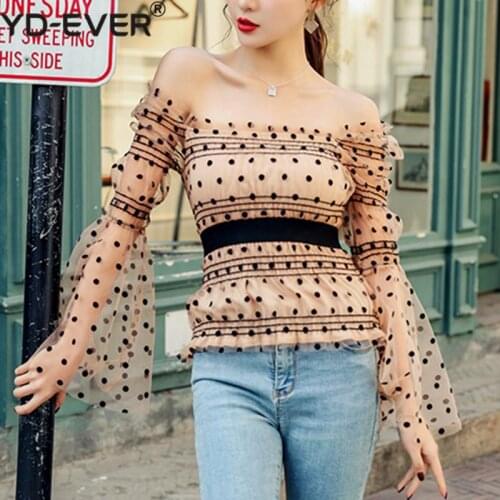 New 2020 Spring Summer Womens Blouse Slash Neck Flare Sleeve Dots Lace Casual Elegant Shirts Wild Tight Tops BL9190